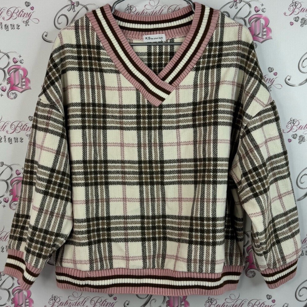 K.s be your style sweater stripes Plaid V-Neck Sweater - Cream and Pink knit